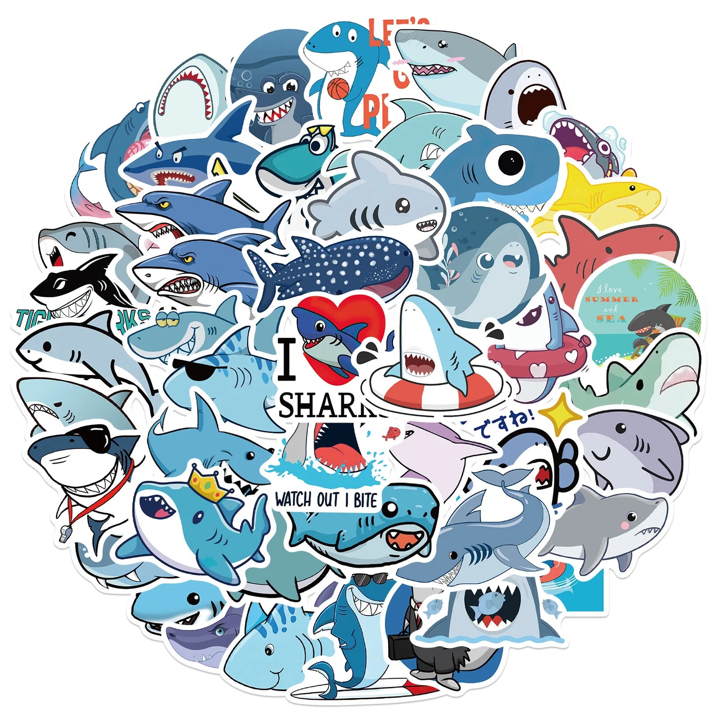 50Pcs Shark Stickers，Ocean Shark Waterproof Vinyl Stickers and Decals